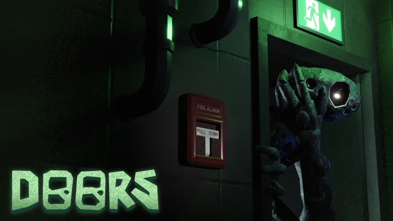 A DOORS entity reaching through a doorway under a glowing green exit sign