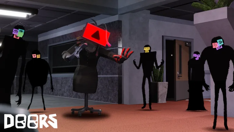 A group of DOORS entities surrounding an office chair figure in The Archives