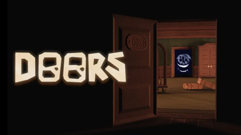 An open hotel door in DOORS revealing a grinning entity waiting in the dark room beyond