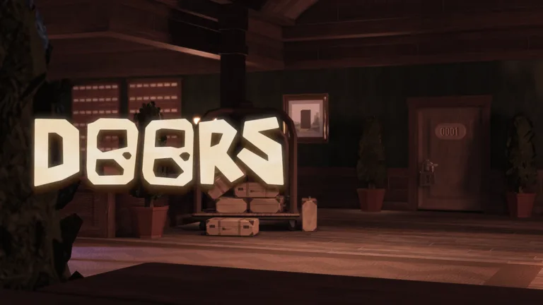 DOORS hotel lobby with the game logo, a luggage cart, and Door 0001 ahead
